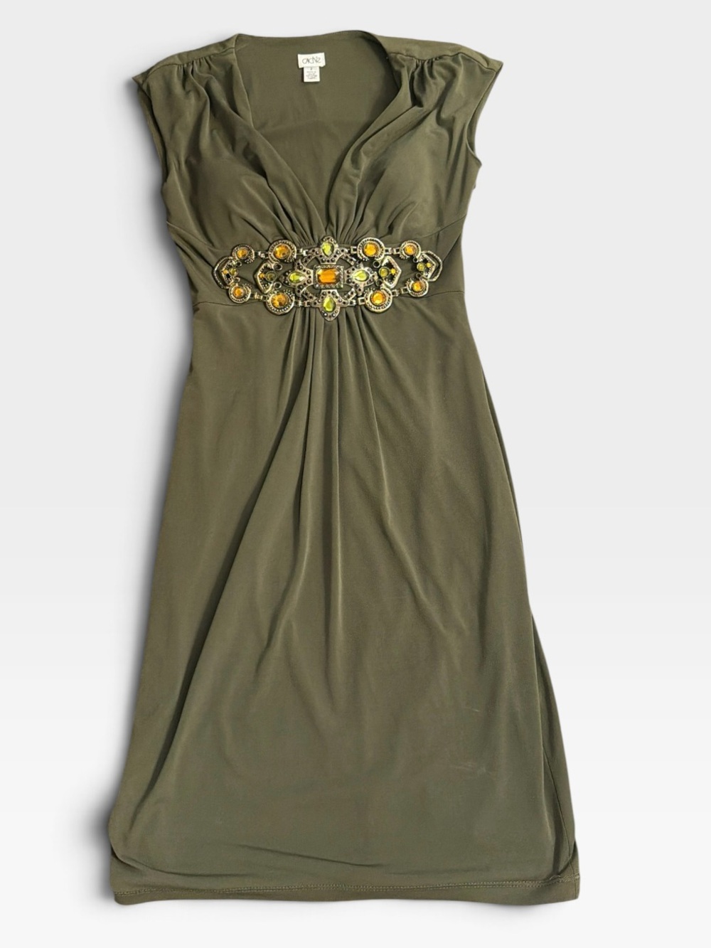 Vintage Caché 90s Y2K Olive Green Draped Dress Ornate Jeweled Waist Size 2
